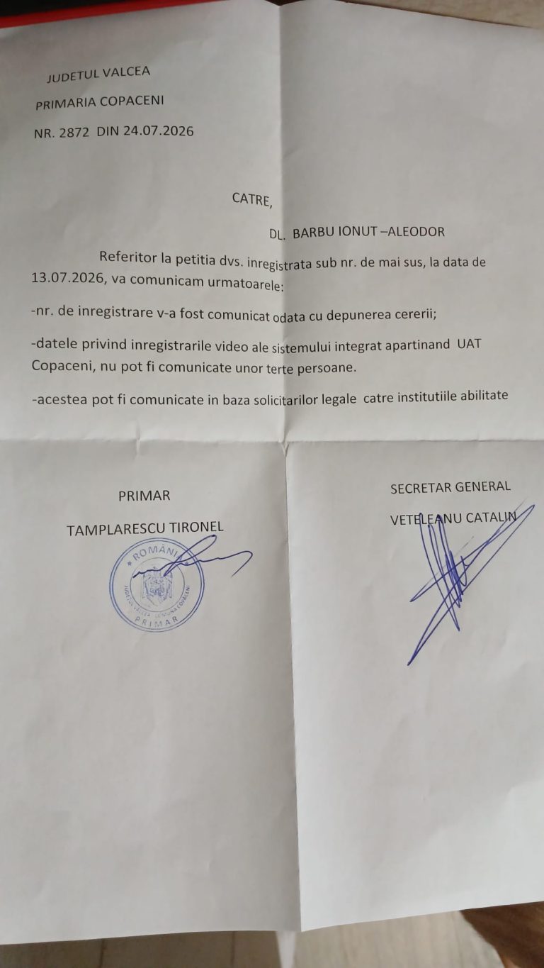 Un consilier cere păstrarea unor filmări de la primărie. Răspunsul de refuz e semnat chiar de primar — deși e parte în cauză